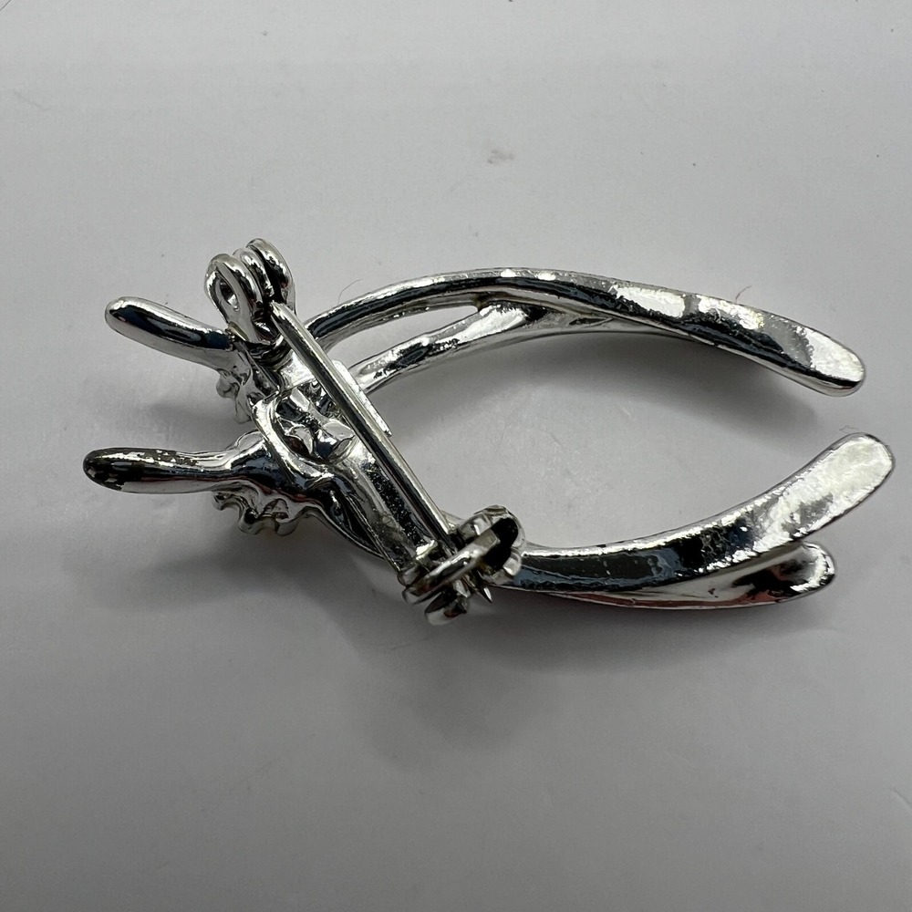 Vintage Double Wishbone Brooch Faux Pearl Blue Rhinestone Silver Tone‎ Pin - Picture 6 of 7